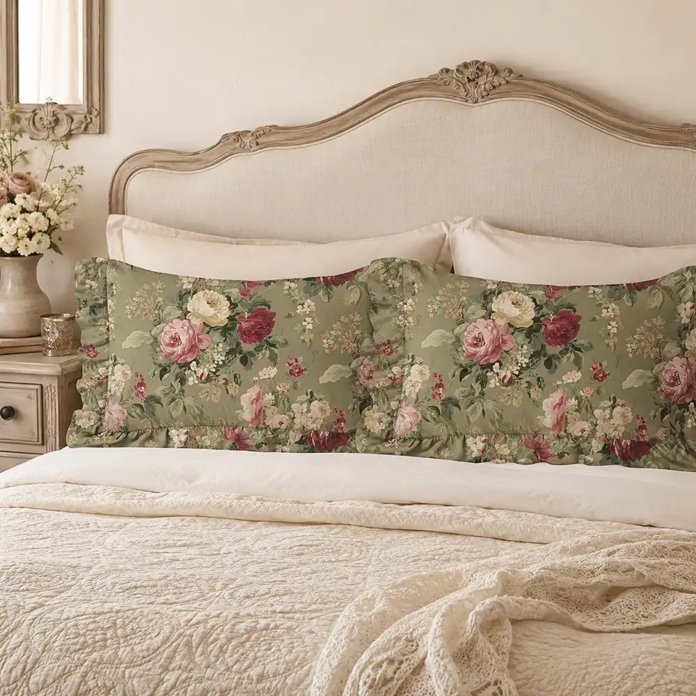 Juego de fundas para almohadas Blanc Mariclo Rosa Royale de microfibra con un romántico estampado floral sobre fondo verde salvia y un ribete decorativo fruncido.