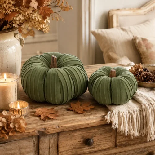 Coppia di zucche decorative verdi Blanc Mariclò in tessuto, con superficie a coste e picciolo marrone.
