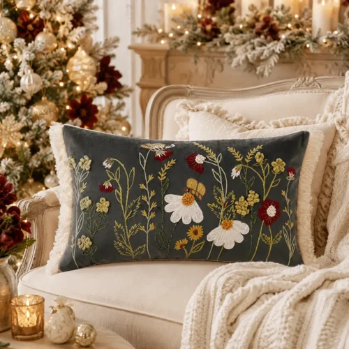 Cuscino rettangolare antracite Blanc Mariclo con ricami floreali multicolore, farfalla stilizzata e frange avorio.