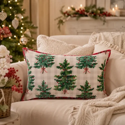 Cuscino natalizio Blanc Mariclò 35x60 cm con alberi di Natale ricamati e applicazioni in rilievo, fondo a quadri beige e bordo tartan rosso della collezione Magia di Abeti.