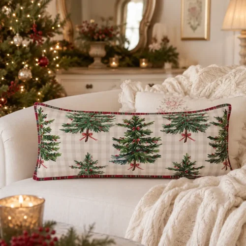 Cuscino natalizio Blanc Mariclò 35x90 cm con alberi di Natale ricamati e applicazioni tridimensionali, fondo a quadri beige e bordo tartan rosso della collezione Magia di Abeti.