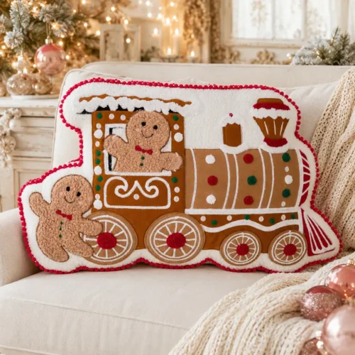 Cuscino natalizio Blanc Mariclò a forma di treno di marzapane con omini biscotto, ricami bianchi e bordo rosso con pompon.