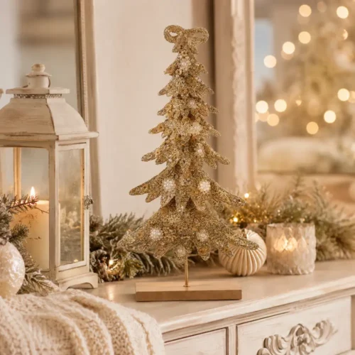 Albero di Natale decorativo Blanc Mariclò dorato con perline, cristalli, fiocco sulla sommità e base rettangolare in legno, alto 40 cm.