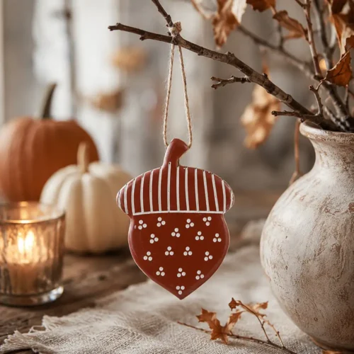 Decorazione a forma di ghianda in legno di mango marrone con righe e piccoli motivi bianchi, completa di cordino in juta da appendere.