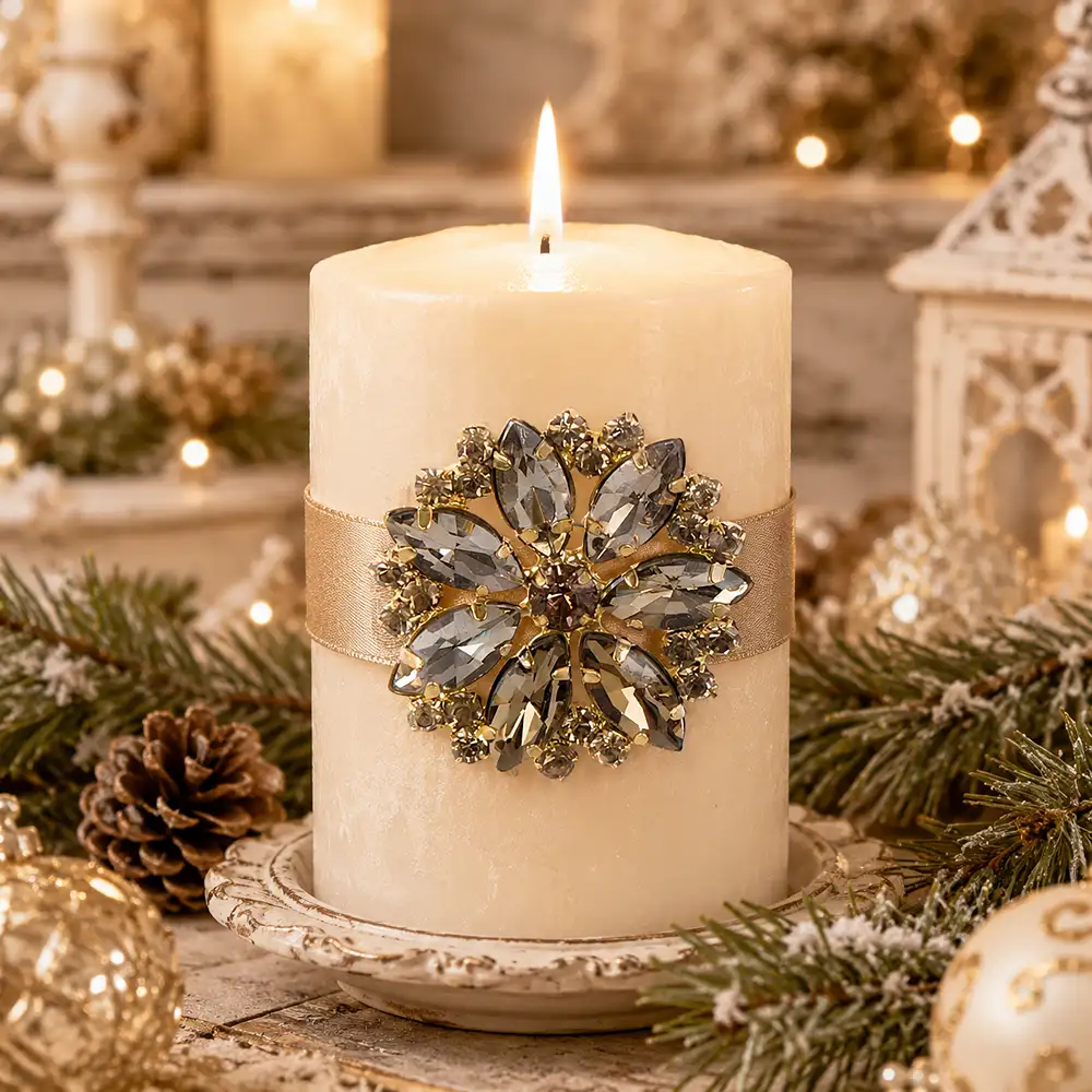Spilla decorativa per candela Blanc Mariclò Casa delle Feste in metallo dorato con cristalli sfaccettati fumé e champagne a forma di fiore.