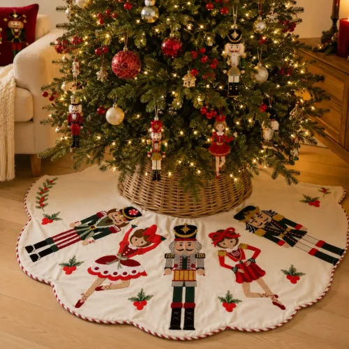 Gonna per albero di Natale Blanc Mariclò bianca con Schiaccianoci, ballerine, rametti di agrifoglio e bordo rosso e bianco.