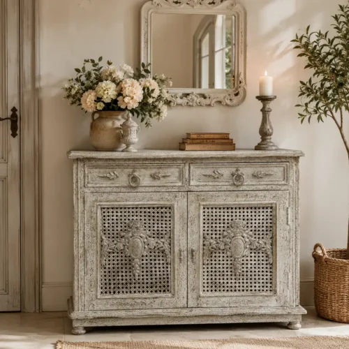 Mobile buffet Blanc Mariclò Pathos in legno di mango decapato con due cassetti, due ante in paglia di Vienna e decorazioni intagliate in stile classico.