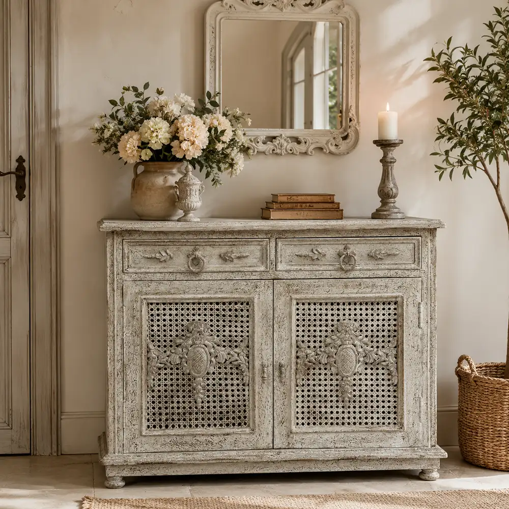 Mobile buffet Blanc Mariclò Pathos in legno di mango decapato con due cassetti, due ante in paglia di Vienna e decorazioni intagliate in stile classico.