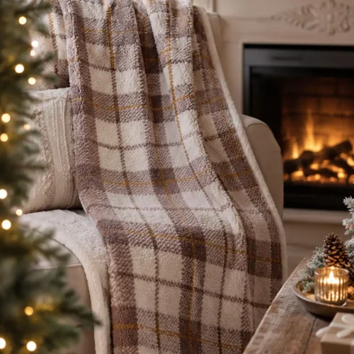 Plaid Blanc Mariclò in tessuto Sherpa con fantasia tartan beige, panna e dettagli senape, retro effetto agnellato bianco, misura 140x170 cm.