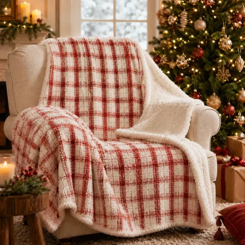Plaid Sherpa Blanc Mariclò con fantasia tartan rossa e bianca e retro in morbido sherpa color avorio, misura 140x170 cm.