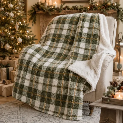 Plaid Blanc Mariclò in tessuto Sherpa con fantasia tartan verde bosco, verde salvia e panna con dettagli senape, retro effetto agnellato bianco, misura 140x170 cm.