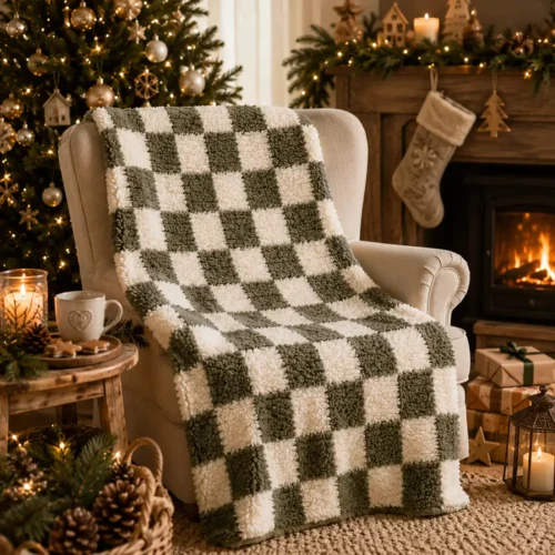 Plaid Blanc Mariclò in tessuto Sherpa verde bosco e avorio con motivo a grandi scacchi, effetto agnellato, misura 140x170 cm.