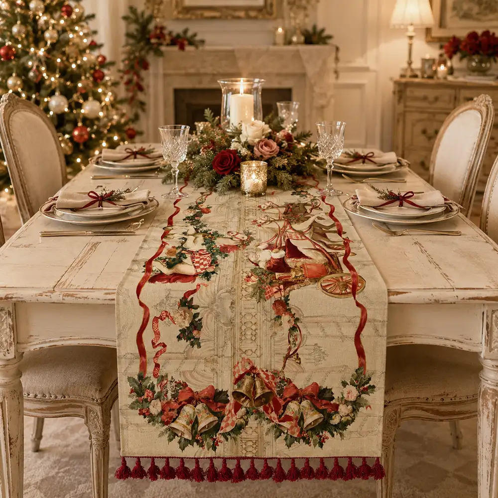 Runner natalizio Blanc Mariclò Calessi e Calessini in 100% cotone con stampa di Babbo Natale in carrozza, cavalli, campane, ghirlande e nappe bordeaux.