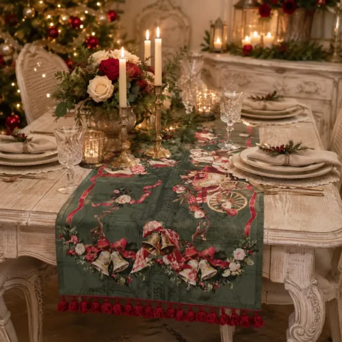 Runner natalizio verde Blanc Mariclò Calessi e Calessini in 100% cotone con stampa di Babbo Natale in carrozza, cavalli, campane, ghirlande e nappe bordeaux.