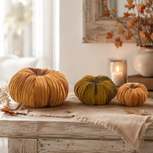 Set di tre zucche decorative Blanc Mariclò in velluto ocra e senape, con coste verticali e picciolo marrone.