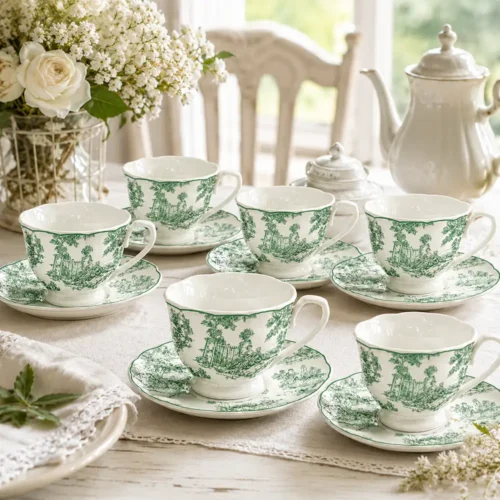 Set di 6 tazzine da caffè con piattino in porcellana bianca decorate con paesaggi verdi in stile toile de Jouy della collezione Affinità Elettive Blanc Mariclò.