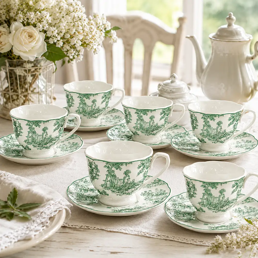 Set di 6 tazzine da caffè con piattino in porcellana bianca decorate con paesaggi verdi in stile toile de Jouy della collezione Affinità Elettive Blanc Mariclò.