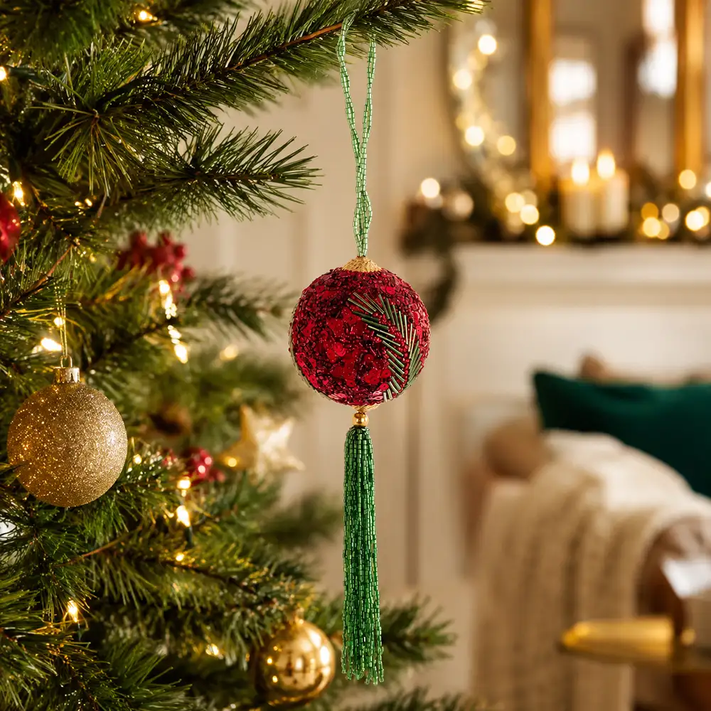 Sfera natalizia Blanc Mariclò rossa con finitura sfaccettata, dettaglio a foglia verde in perline e lunga nappa verde della collezione Casa delle Feste.