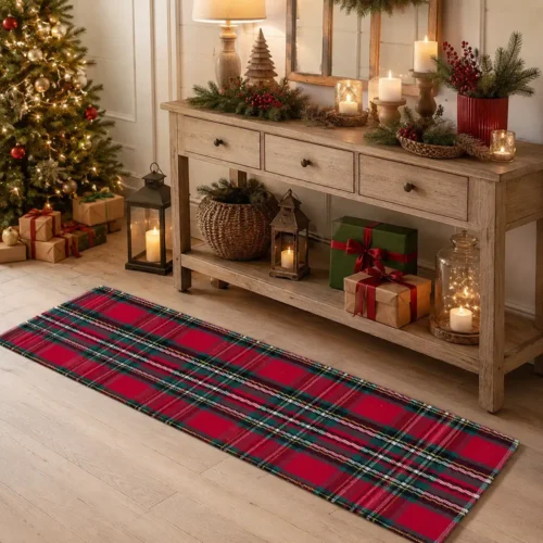 Tapis Blanc MariClò en 100 % coton, avec un motif Tartan rouge, vert, blanc et noir, issu de la collection « Tartan de Noël », aux dimensions de 50 x 150 cm.