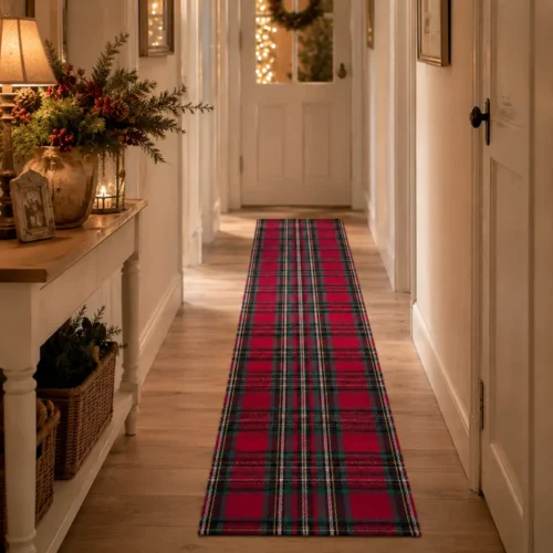 Tapis Blanc MariClò en 100 % coton, avec un motif Tartan rouge, vert, blanc et noir, issu de la collection « Tartan de Noël », aux dimensions de 50 x 190 cm.