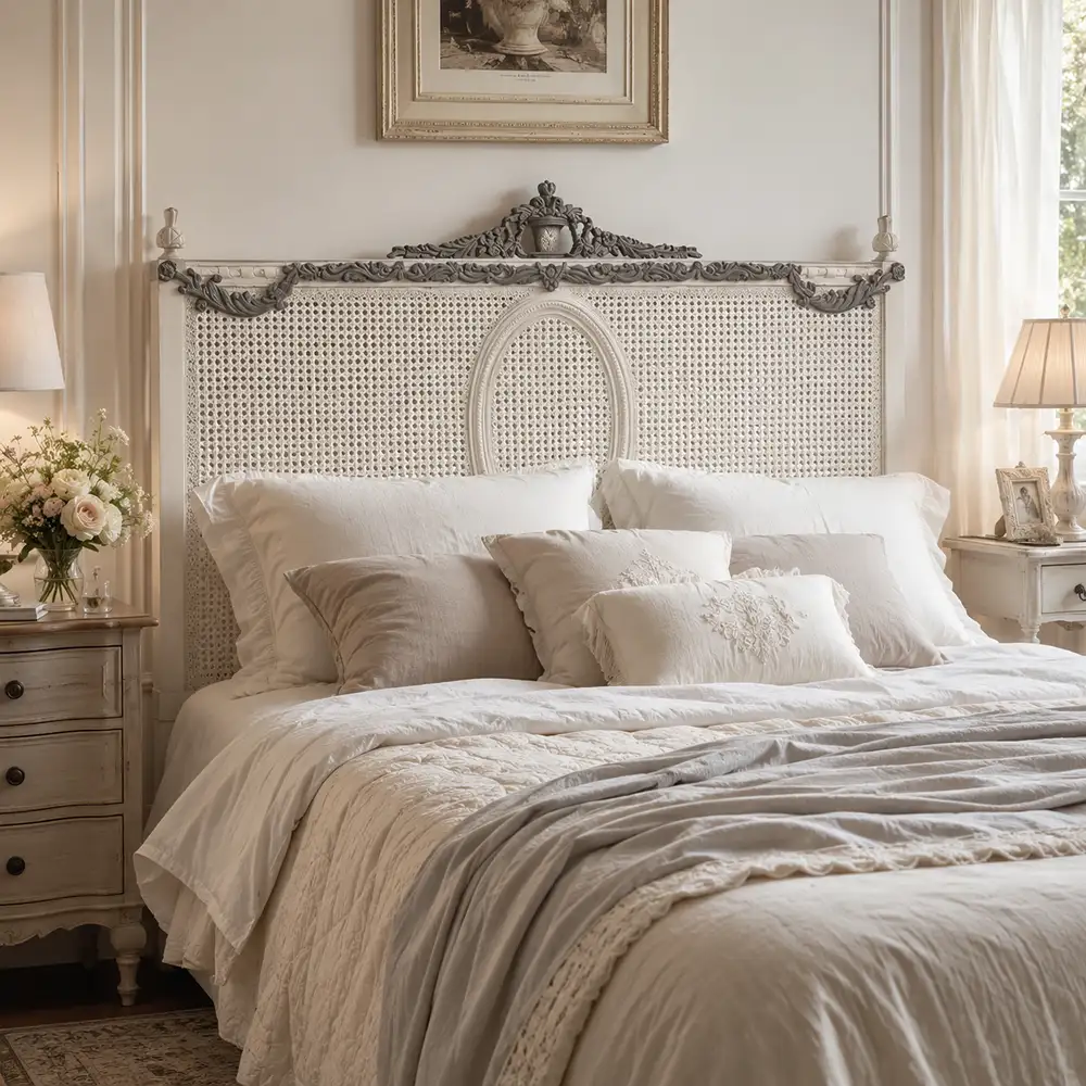 Testata letto matrimoniale Blanc Mariclò Pathos in legno di mango con pannello centrale in paglia di Vienna, fregi scolpiti grigio anticato e finitura avorio.