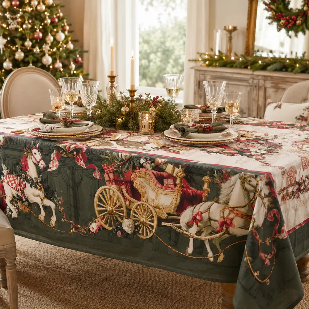 Tovaglia natalizia Blanc Mariclò in cotone con stampa di carrozza di Babbo Natale, cavalli bianchi, ghirlande, campane e decorazioni natalizie della collezione Calessi e Calessini.