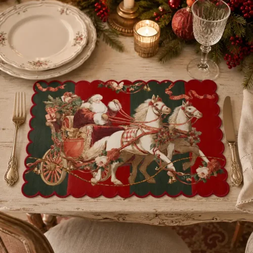 Tovaglietta cerata Blanc Mariclò Calessi e Calessini con stampa di Babbo Natale su carrozza trainata da cavalli, fondo a righe rosse e verdi e bordo smerlato.
