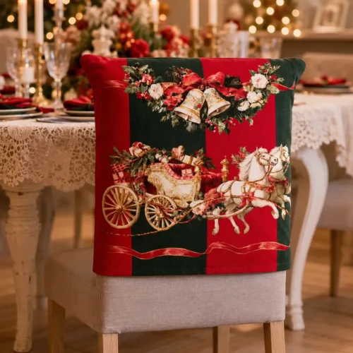 Vestisedia natalizio Blanc Mariclò Calessi e Calessini in 100% cotone con stampa di carrozza trainata da cavalli, campane decorative e fondo a righe rosse e verde bosco.