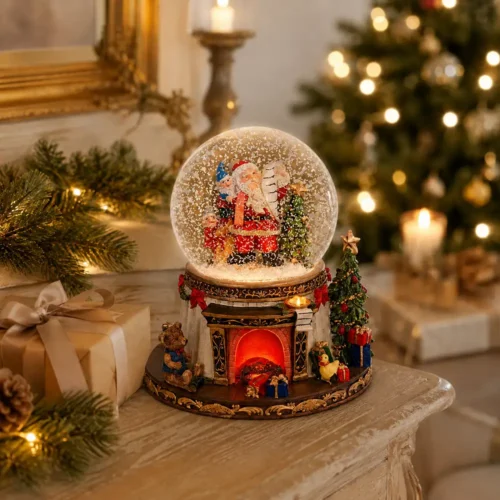 Palla di vetro natalizia con Babbo Natale, elfi, albero, camino illuminato, regali e base decorata in resina.