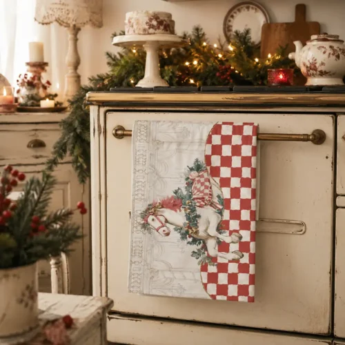 Torchon de Noël Blanc MariClò en coton, orné d'un petit cheval à bascule décoré de guirlandes de Noël sur un fond à carreaux rouges et ivoire, issu de la collection Calessi et Calessini.