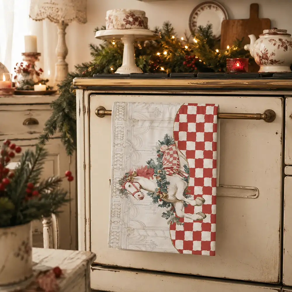 Torchon de Noël Blanc MariClò en coton, orné d'un petit cheval à bascule décoré de guirlandes de Noël sur un fond à carreaux rouges et ivoire, issu de la collection Calessi et Calessini.