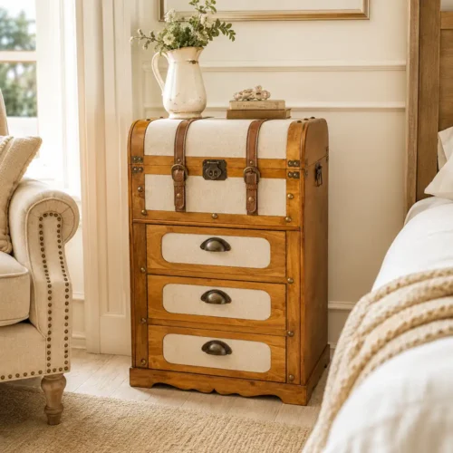 Cassettiera con baule in legno e tessuto grezzo 45 x 35 x 71 cm