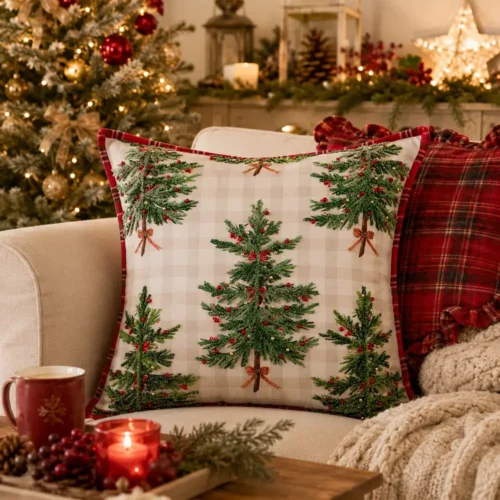Cuscino natalizio Blanc Mariclò 45x45 cm con alberi di Natale ricamati e applicazioni tridimensionali, fondo a quadri beige e bordo tartan rosso della collezione Magia di Abeti.