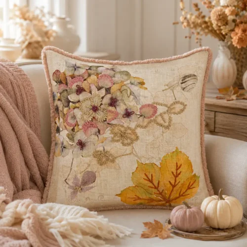 Cuscino Blanc Mariclò Promenade 45x45 cm con stampa autunnale di ortensie e foglie, dettagli ricamati in rilievo e bordo sfrangiato nei toni naturali.
