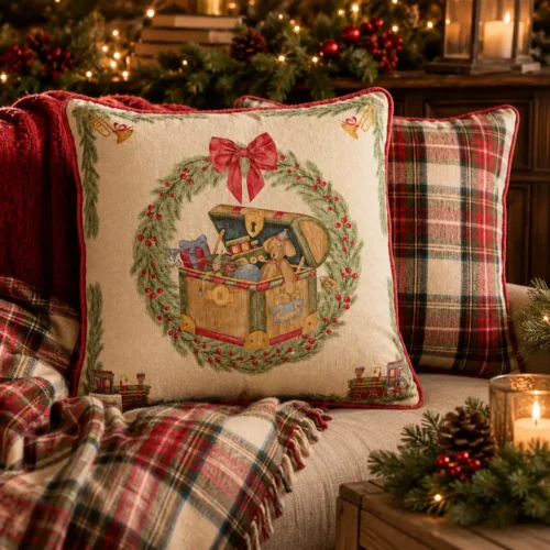 Cuscino natalizio con baule dei giocattoli e retro tartan 40 x 40 cm