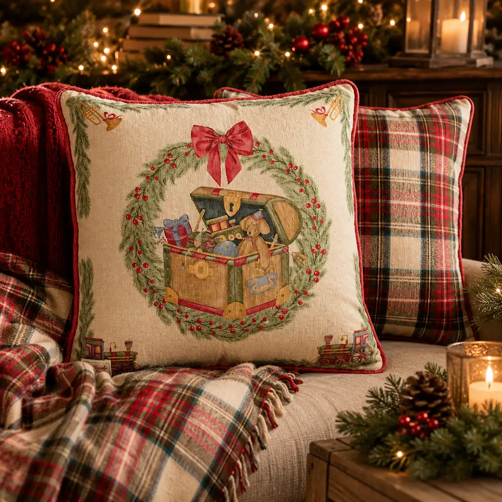 Cuscino natalizio con baule dei giocattoli e retro tartan 40 x 40 cm