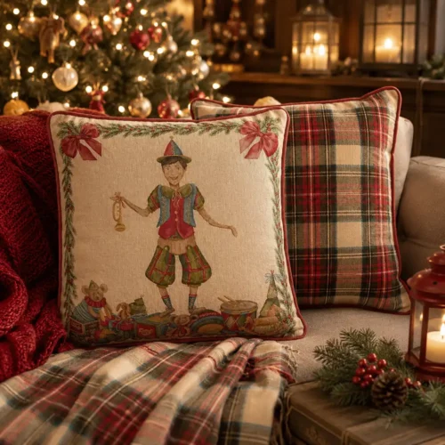 Cuscino natalizio con burattino e retro tartan 40 x 40 cm