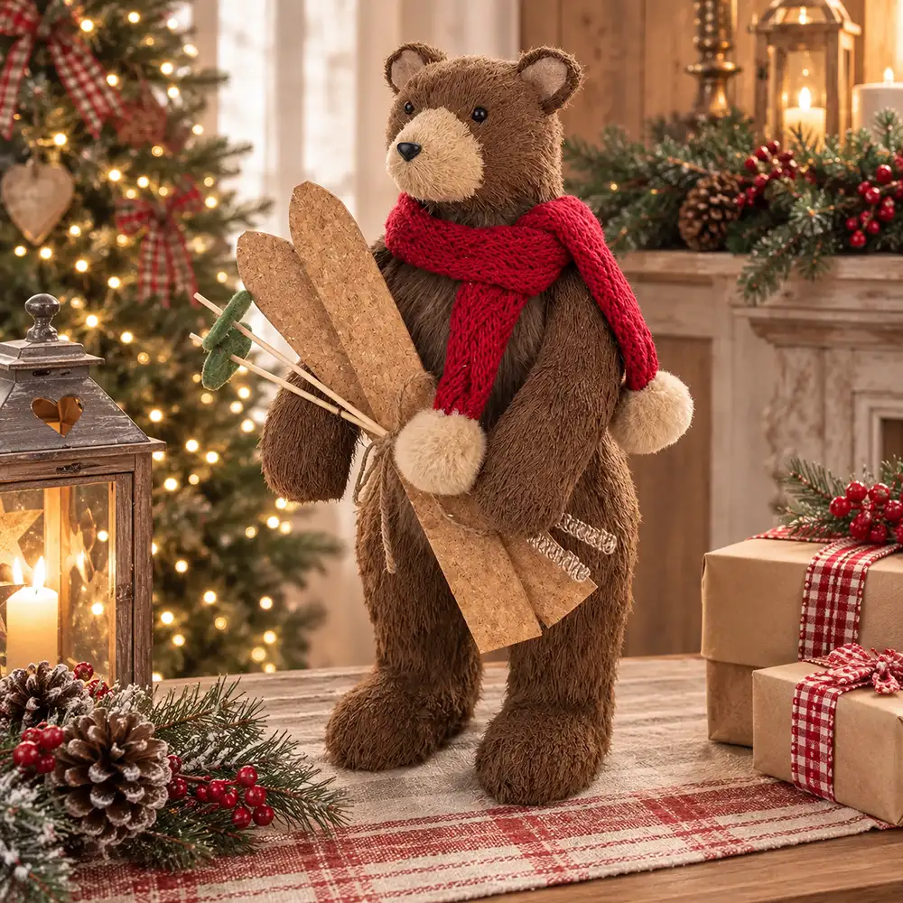 Decorazione orso con sci e sciarpa rossa 25 x 27 x 52 cm