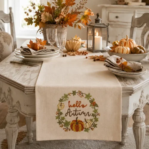 Chemin de table Amber Hello Autumn écru 160x45 cm