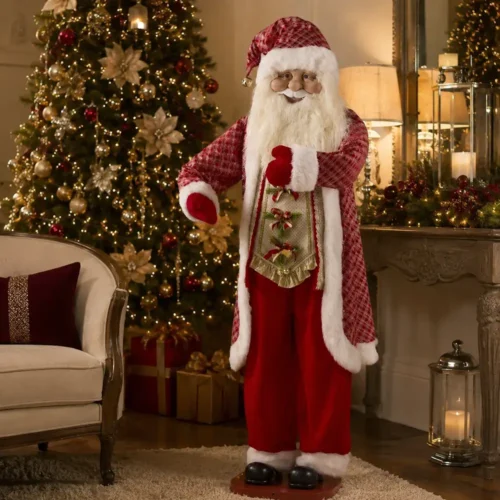 Babbo Natale danzante alto 183 cm, vestito di rosso e bianco con dettagli dorati, barba folta e base rossa.