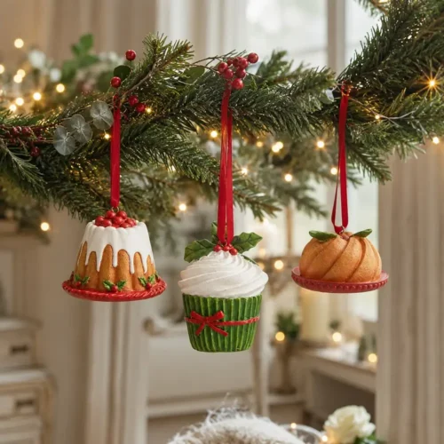 Tres adornos navideños con forma de dulce, hechos de resina: un cupcake con glaseado blanco, una tartita con glaseado y bayas rojas, y un dulce decorado en forma de espiral.