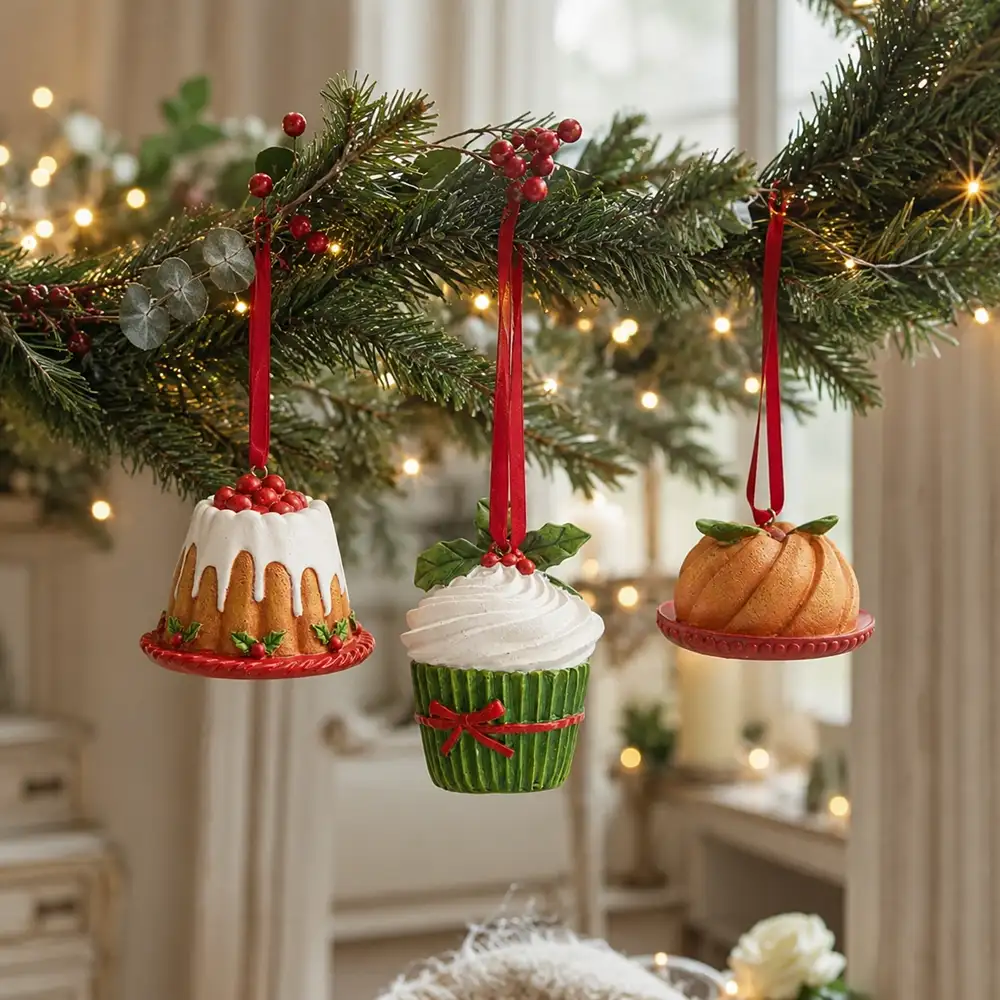 Trois décorations de Noël en résine en forme de petits gâteaux : un cupcake avec un glaçage blanc, un petit gâteau avec un glaçage et des baies rouges, ainsi qu'une spirale sucrée décorée.