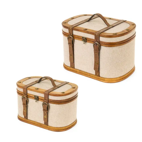 Set 2 bauletti decorativi in legno e tessuto grezzo 31 e 36 cm