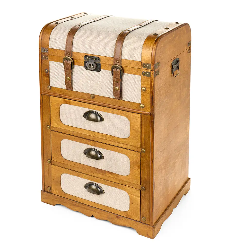 Cassettiera con baule in legno e tessuto grezzo 45 x 35 x 71 cm - immagine 2