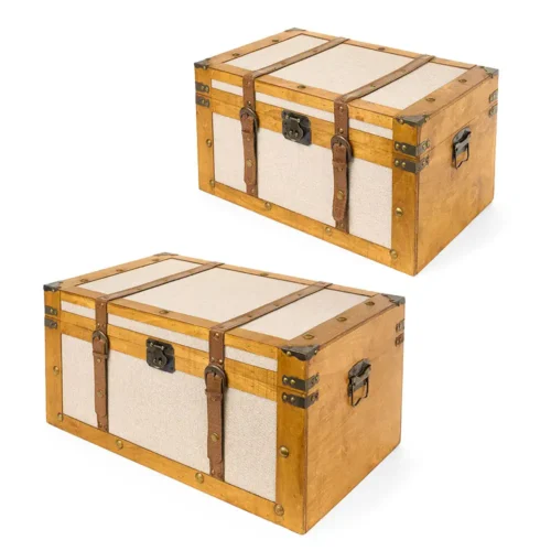 Set 2 bauli decorativi in legno e tessuto grezzo 50 e 60 cm