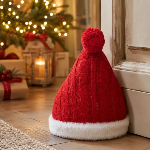 Fermaporta natalizio in tessuto a forma di cappello rosso, con bordo bianco effetto pelliccia e pompon superiore.