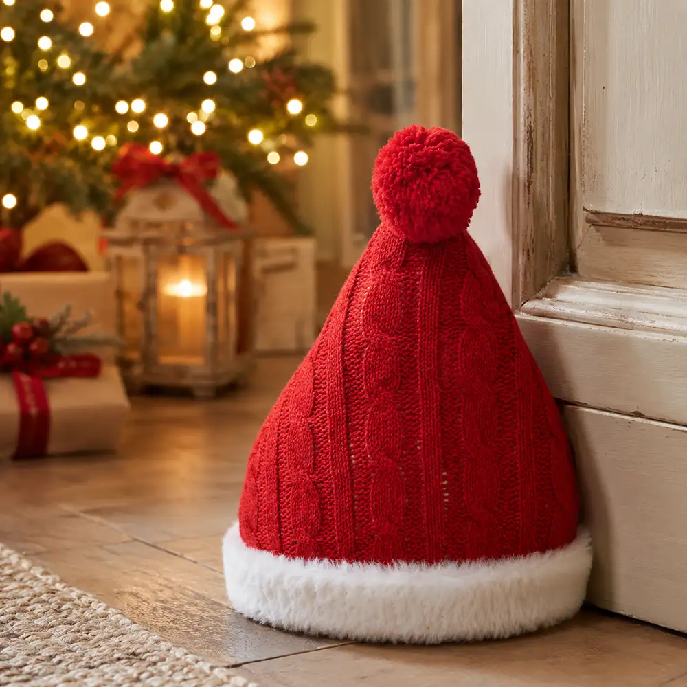 Fermaporta natalizio in tessuto a forma di cappello rosso, con bordo bianco effetto pelliccia e pompon superiore.