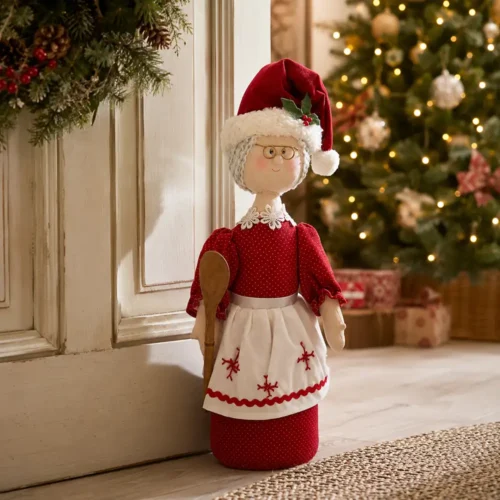 Fermaporta a forma di Mamma Natale in tessuto rosso, con cappello natalizio, occhiali dorati, grembiule bianco ricamato e cucchiaio in legno.