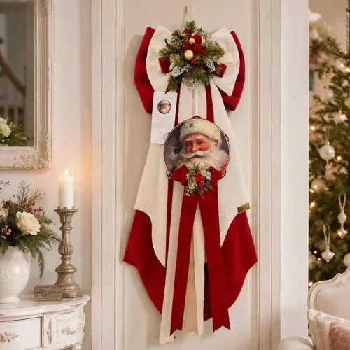 Fioccò Antico Natale alto 80 cm con doppio fiocco rosso e avorio, tamburello di Babbo Natale e ricchi decori natalizi.
