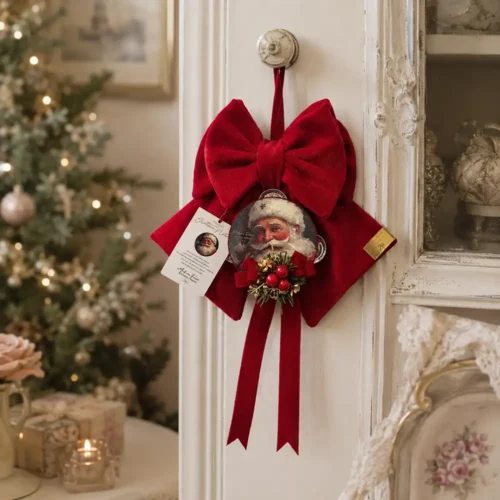 Fioccò rosso in bouclé con grande fiocco, tamburello vintage di Babbo Natale, bacche rosse, rametti dorati e nastri pendenti.